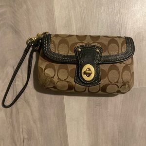 Coach Hand Clutch with Wrist Strap - black leather and brown clutch